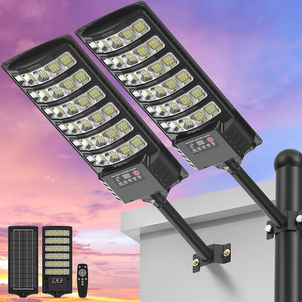 Outdoor Lighting Dusk To Dawn - ポールマウント付きソーラー街路灯、夕暮れから夜明けまで点灯する屋外LED 300000LM IP65防水調整可能モード、庭、駐車場用