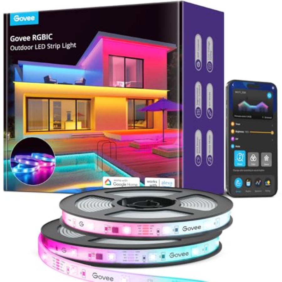Outdoor Lighting Strip - パティオや軒先の装飾用屋外LEDストリップライト、シリコンコーティングされたIP65防水RGBICストリップ（ブラック）、65.6フィートのスマートライト