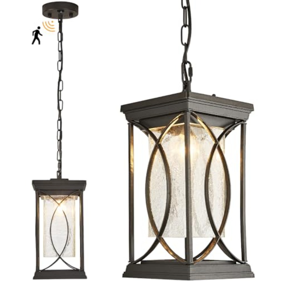 Outdoor Lighting Dusk To Dawn - モーションアウトドアペンダントライト器具、夕暮れから夜明けまで点灯する屋外天井吊り下げランタン（ポーチ用）、モダンな屋外シャンデリアライト
