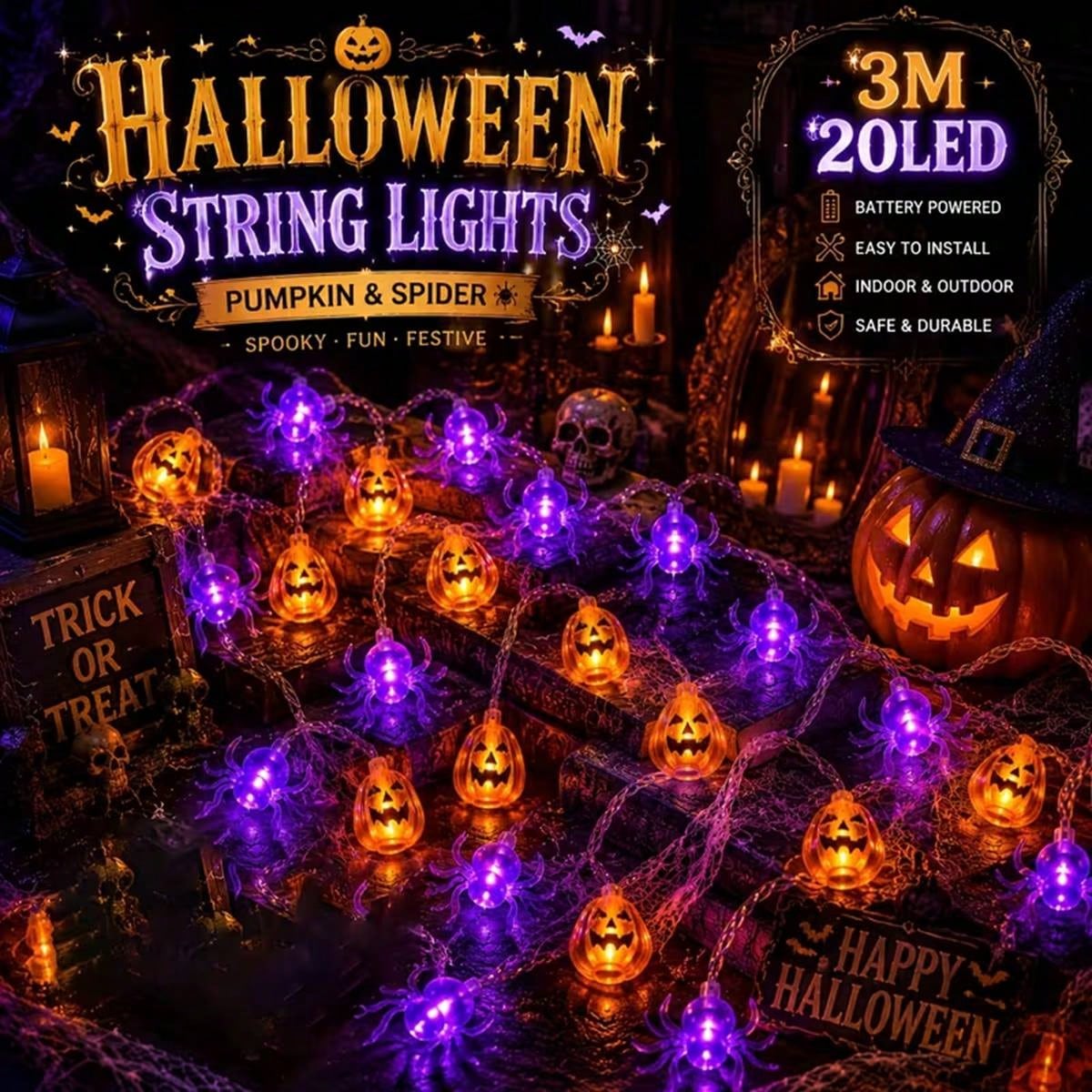Outdoor Lighting For Front Of House - ハロウィン用パンプキン型LEDストリングライト1個（10/20球）、ジャック・オー・ランタンフェアリーライト、電池式、屋内外のハロウィン装飾に最適