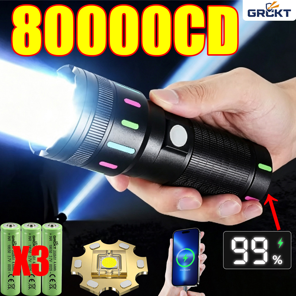 Outdoor Lighting Quality - 80000CD 最も強力なLED懐中電灯 ハイパワー戦術ハンティング懐中電灯 充電式トーチ アウトドア防水ランタンライトレーザーポインター 超強力