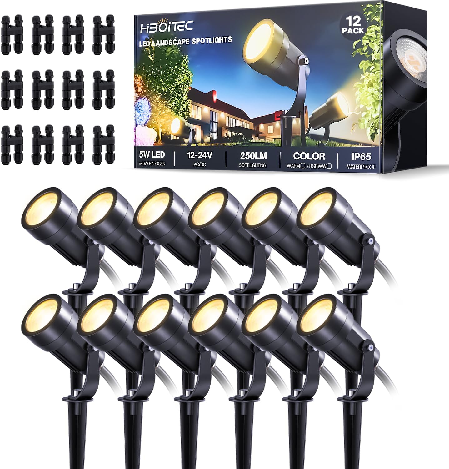 Outdoor Lighting Connectors - 12個パック低電圧景観照明用ファストロックコネクタ5W LEDスポットライト2900K温白色CRI92 12/24V AC/DC屋外防水