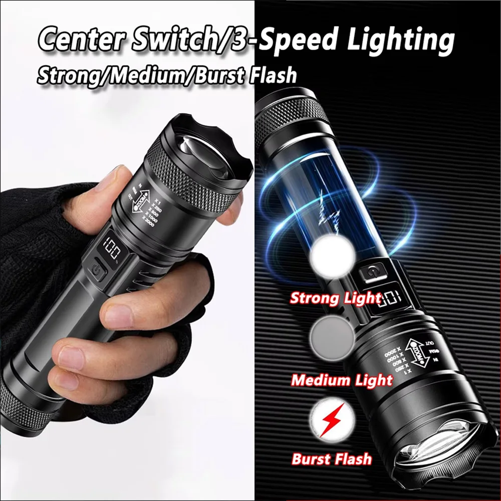 充電式 LED 懐中電灯 ズーム可能なトーチ LCD ディス - Outdoor Lighting Quality のレビューと価格